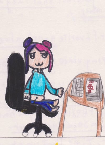 Child's drawing of a child at a computer